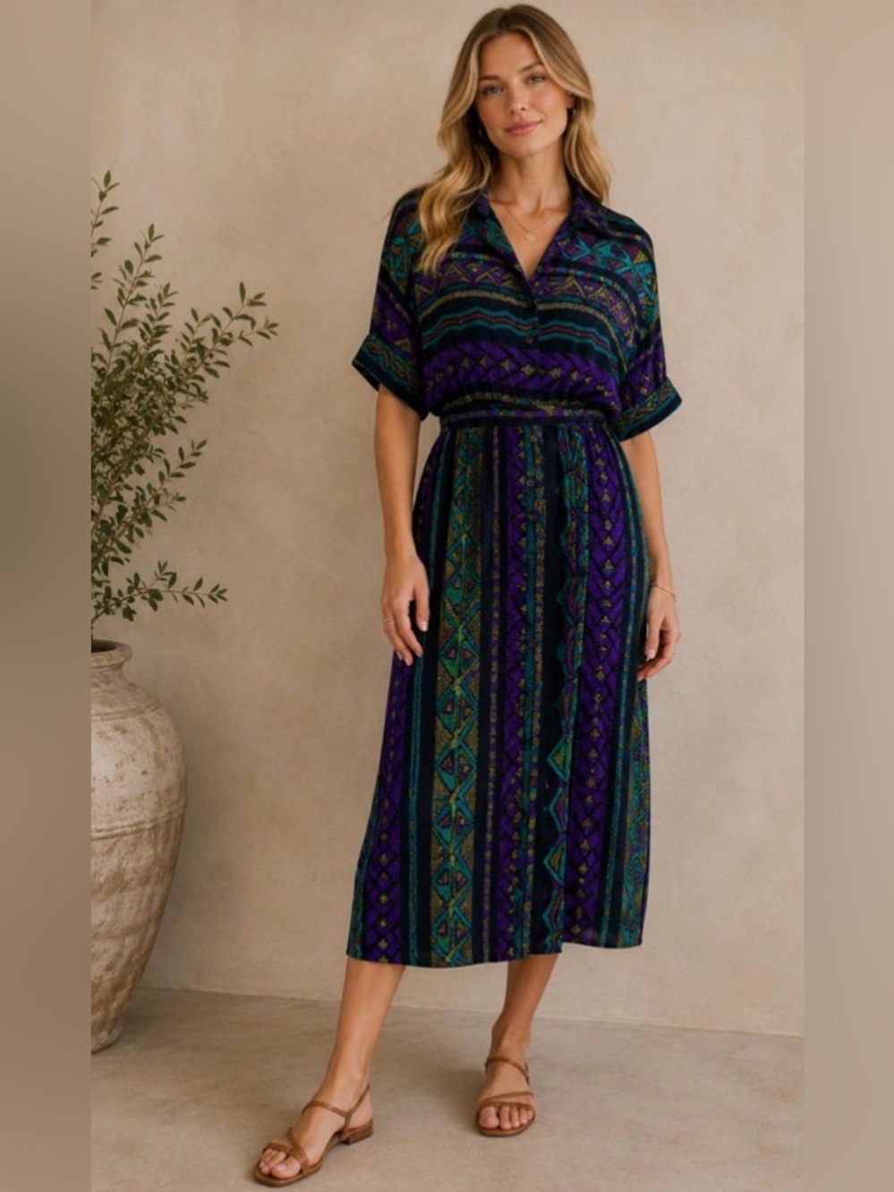 NU MODE Vintage Purple and Green Short Sleeve Button Down Dress